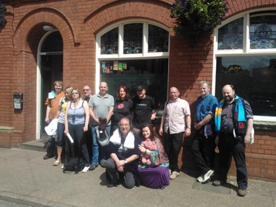 Sally with friends on her 42nd birthday trip, Hitchhikers Guide to the Galaxy style!