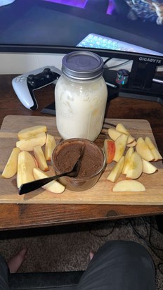 His snack and favorite drink. Milk with maple syrup and salt 