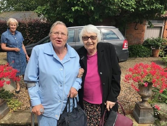 Daphne with Yvonne Swane arriving at the Over 60s Summer Tea Party 2019