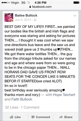 Bailee's Facebook post about her BEST BIRTHDAY EVER!!!