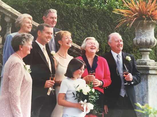 Sharing a giggle at Jeremy and Janet's wedding 1999