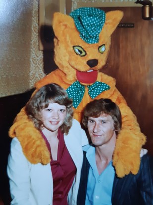 Denise and Richard hugging a mascot at Great Yarmouth