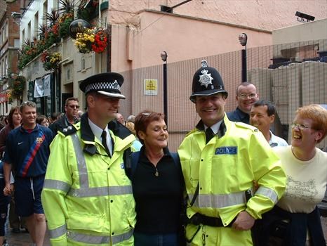 Angie with police officers at Beatles festival Matthew Street Liverpool