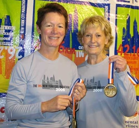 Janet with Jane Hamp after finishing the New York Marathon 2006