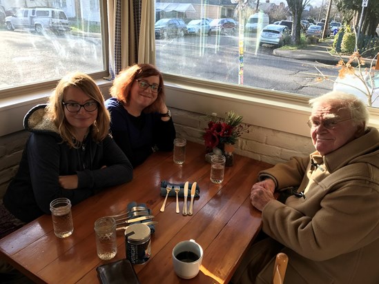 Claire, Cat, and Dad out for breakfast in Portland (2016)