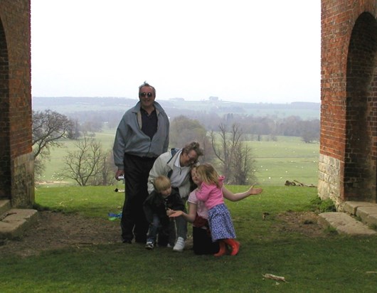Dad, Mum and the terrible trio at the Belton Folly 2004 - a blustery day
