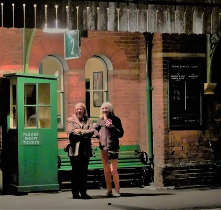 Liz and Pat at The Watercress Line and calling Geoff on her phone! 