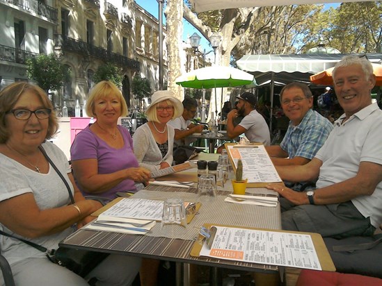 Allyson,Marilyn, Angi, Ian and Stephen  lunchtime in France