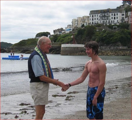 2006 - Jack  Congratulating Andrew on Swim from Plaidy to Looe