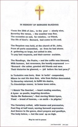 1999 - Poem by Jack Baxendale as Tribute to Bernard McKenna