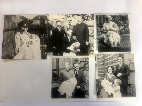 1957 - Caths Christening with Mum, Dad, Grandpa and Grandma, Mary & Tony Stotesbury