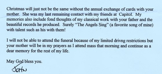 John Palladino letter when Lucile Myers died in 2010 (wife of Capitol Records producer Bob Myers)