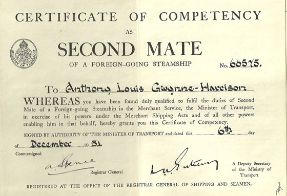 Tony's Second Mate certificate