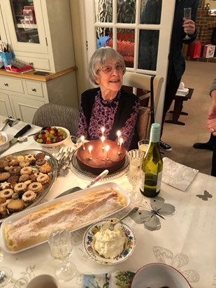 Audrey celebrating her 95th birthday (January 2020) with delicious treats from Erika & Tina 