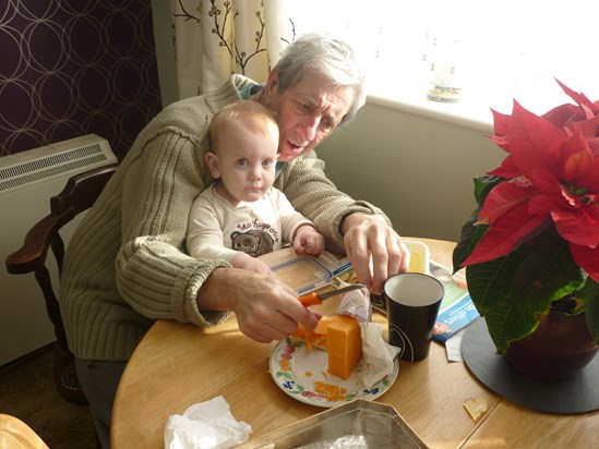 Teddy having breakfast with grandad - 2015