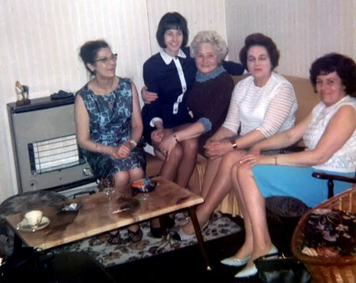 Pam in the mid-Seventies with the four Turffrey Sisters; far left is Dorothy Robinson, Pamela's mother-in-law.