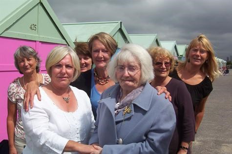 Sue,Jenny,Mandy,Tessa,Mum,Lynda and Sally at the Beach hut, Hove