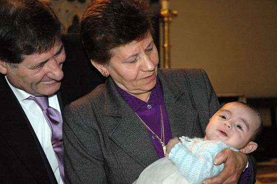 Dad with mum and grandson on his Christening in Chelsea - London in 2010 