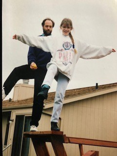 Dani and Sam balancing on the deck rail 1995 Nebraska