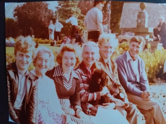 Family outing - many year's ago From the left - Michael, Barbara's mother Enid, Barbara, Wendy [ her sister] Peter [ her husband ] & Frederick [Wendy's husband] 