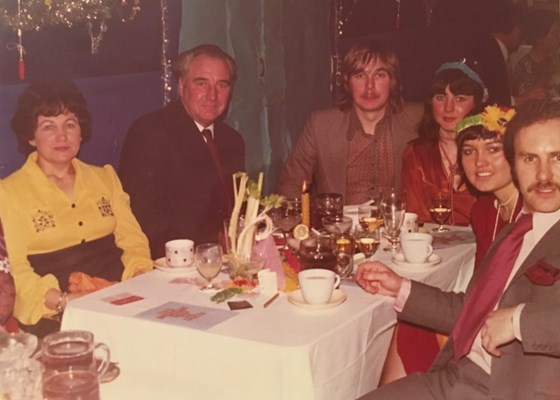 Dorothy, Geordie, David, Lynda, Hazel and Paul - seeing in the New Year, 1973