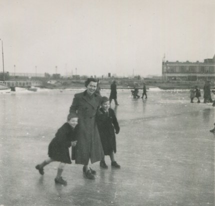 DJK with mother and brother on frozen Oulton Broad  circa 1954