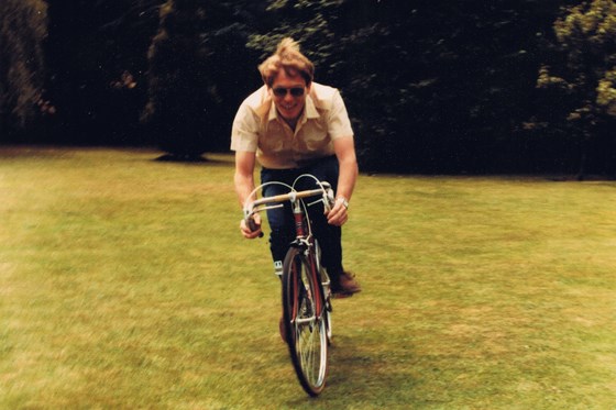 Derek messing around with Alastairs racing bike. Westbrook Edge 1980s