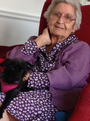 Mum at home with Darcy on her lap 