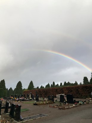 This happened today after Jill’s funeral. If you look carefully you’ll see 2 rainbows. We saw you Jill xx