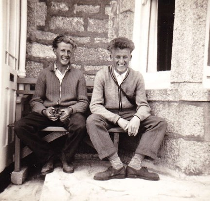 My dad Dougie (on the left) with Uncle Mike on the seat outside Trewavas, Porthleven. 