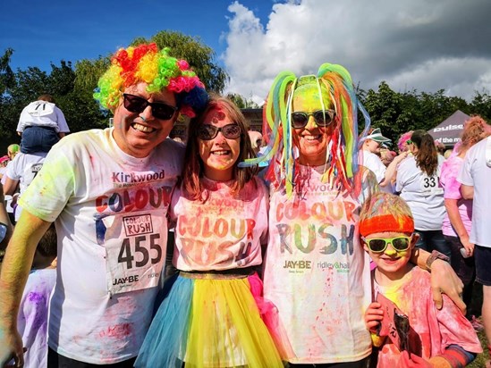 Colour Rush to raise funds for Kirkwood Hospice in September 2019. Simon was very keen to buy as many silly accessories as possible! The wig was originally intended for one of the kids, but when they changed their mind, he happily put it on.