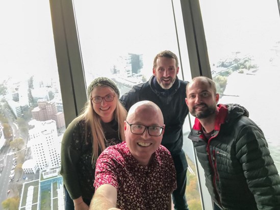 Simon and his selfie stick and big smile at the top of the Rheinturm 