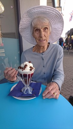 Mum enjoying ice cream in the sun at Princes Risborough High Street