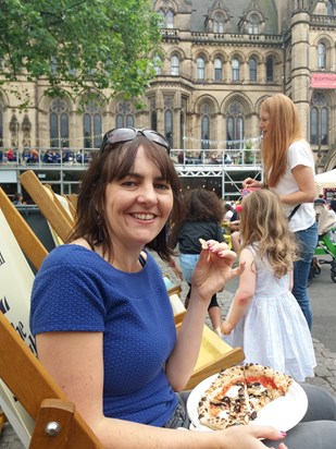 Enjoying a pizza in St Peter's Square 2019