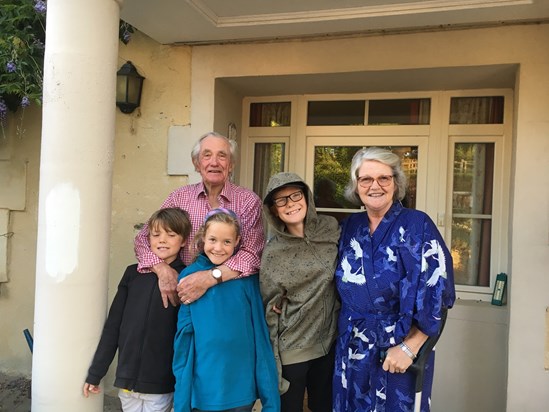 Grandma with Jamie, Robin and Millie on their last visit to France, in 2019.