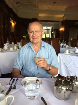 Enjoying an afternoon tea at Nunsmere Hall with his wife Trish (June 2019)