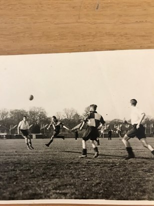 1948 Bob heading a goal for Old Tauntonians v Woolston