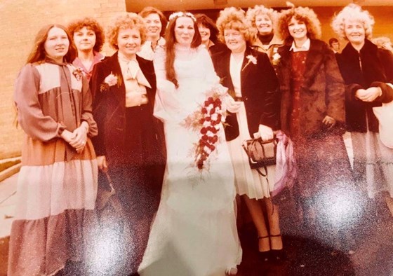 Pam and friends at Joanna’s wedding 1978