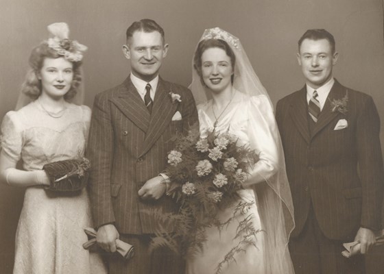 Barbara as bridesmaid at Vera's wedding to Dick (his brother Eric as best man) December 1945. 