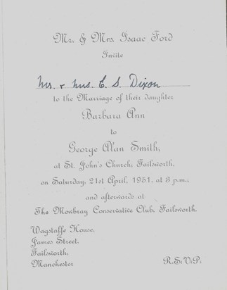 Invitation to Barbara's wedding to Alan, April 1951. 