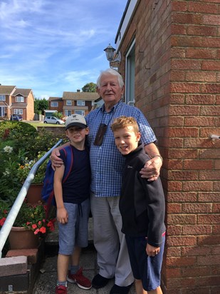 Trevor and his Dutch grandchildren, outside the family home, August 2019