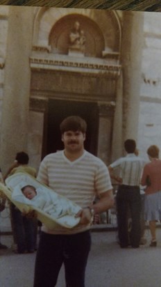 9 days old and already a world traveler--in front of the Leaning Tower of Pisa 1977 with Daddy