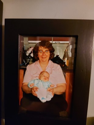 Gill with Laura who is wearing one of Gill's beautiful baby jumpets