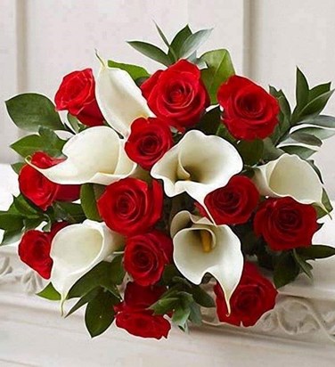 RED ROSES  & WHITE CALLA LILIES 