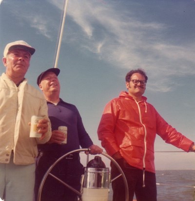 On the sailboat Velella with Dad, a friend, and Don 1973