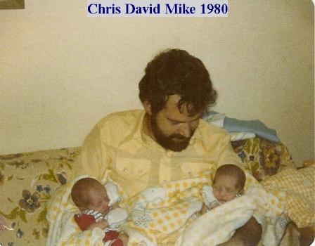 David with his newborn twins 1980