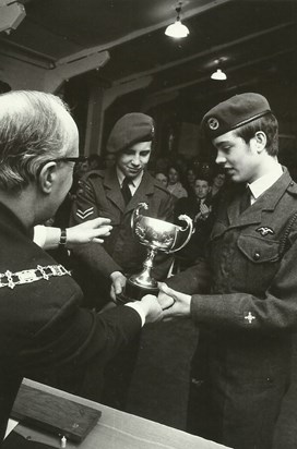 The outstanding A.T.C. cadets of 1051 (Dartford) Squadron receive Lord Dudley Gordon cup from Mayor of Dartford, 7 March 1969