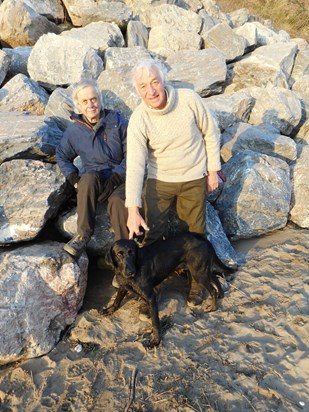 Steve, David C. and Merit on Bigbury Beach, February 2023