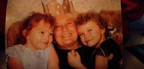 Lauren and Caitlin, cuddles with Grandma McManus