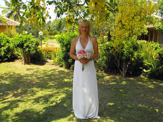 On her wedding day on 19 August 2011 in the gardens at Club Palm Bay, Sri Lanka